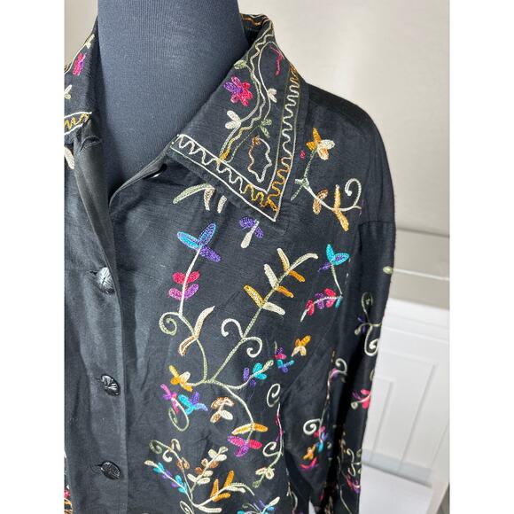 Life Style Black Floral Silk Blend Embroidered Long Sleeve Lightweight Jacket M - Picture 6 of 15